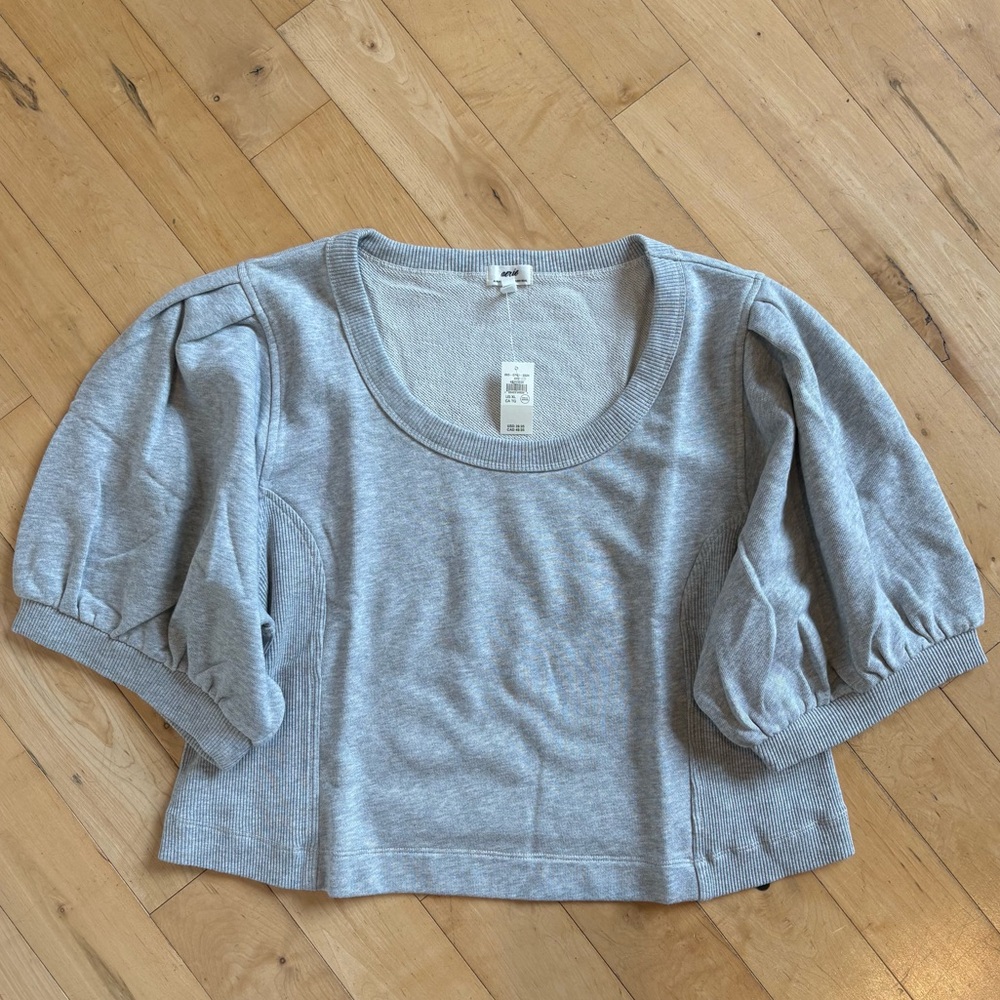 AERIE Seams Right Cropped Short Sleeve Sweatshirt Scoop Neck Grey Soft Size XL - Picture 3 of 7